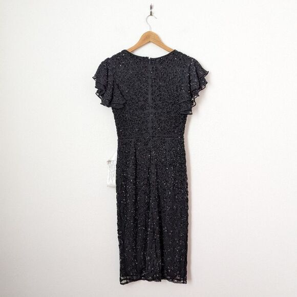 NWT Mac Duggal black sequin embellished floral flutter sleeve midi dress - Picture 5 of 6